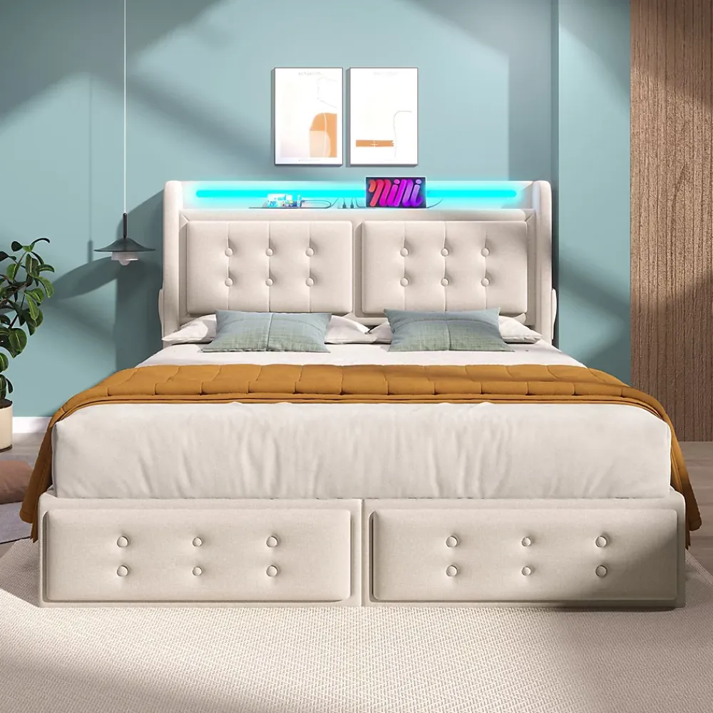 Gutent Lit adulte lit 140x200 cm lit rembourré lit 4 tiroirs lit de rangement avec sommier à lattes en bois lit double coton lin beige* Lit Avec Rangement