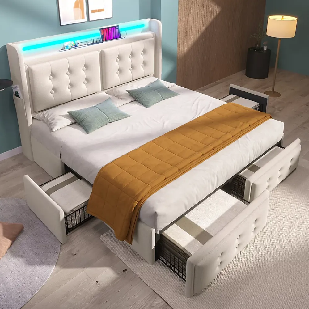 Gutent Lit adulte lit 140x200 cm lit rembourré lit 4 tiroirs lit de rangement avec sommier à lattes en bois lit double coton lin beige* Lit Avec Rangement