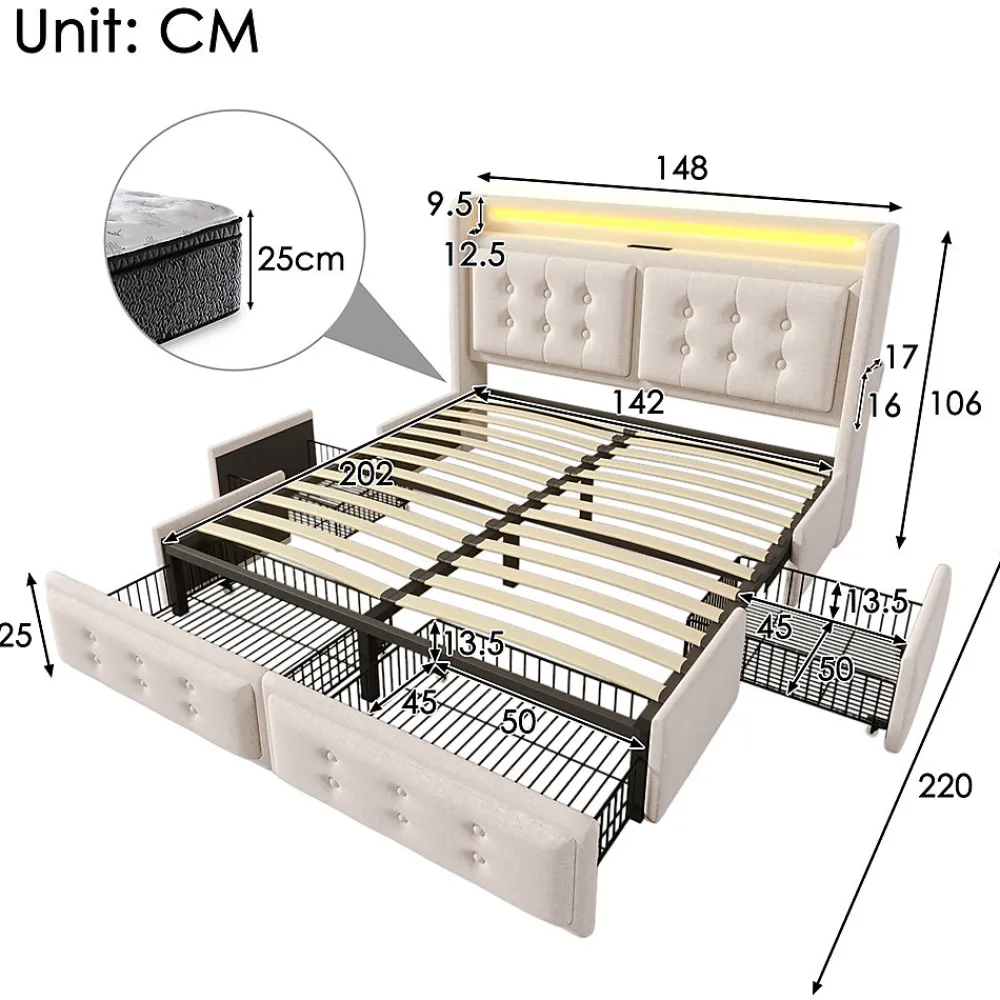Gutent Lit adulte lit 140x200 cm lit rembourré lit 4 tiroirs lit de rangement avec sommier à lattes en bois lit double coton lin beige* Lit Avec Rangement
