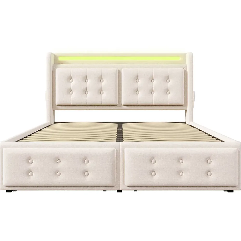 Gutent Lit adulte lit 140x200 cm lit rembourré lit 4 tiroirs lit de rangement avec sommier à lattes en bois lit double coton lin beige* Lit Avec Rangement