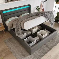 Lit adulte lit 140x200 cm lit rembourré hydraulique lit de rangement lit barre d'éclairage led lit double pu gris>Gutent Outlet