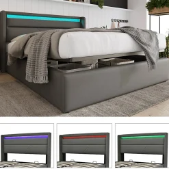 Lit adulte lit 140x200 cm lit rembourré hydraulique lit de rangement lit barre d'éclairage led lit double pu gris>Gutent Outlet