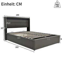 Lit adulte lit 140x200 cm lit rembourré hydraulique lit de rangement lit barre d'éclairage led lit double pu gris><noscript><img width=