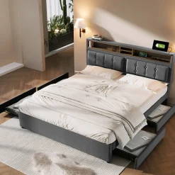 Lit adulte lit 160x200 cm lit rembourré avec quatre tiroirs avec sommier à lattes en bois lit double lin gris>Gutent Clearance