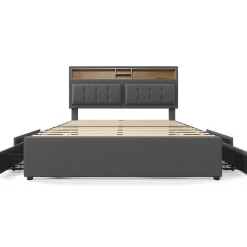 Lit adulte lit 160x200 cm lit rembourré avec quatre tiroirs avec sommier à lattes en bois lit double lin gris><noscript><img width=