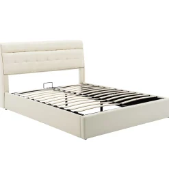 Gutent Lit adulte lit 140x200 cm lit rembourré hydraulique lit double avec sommier à lattes pu blanc crème* Lit Avec Rangement