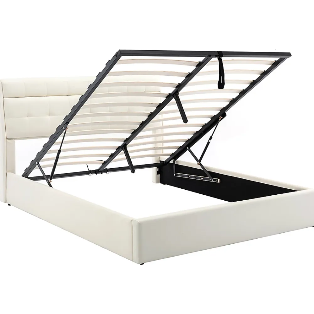 Gutent Lit adulte lit 140x200 cm lit rembourré hydraulique lit double avec sommier à lattes pu blanc crème* Lit Avec Rangement