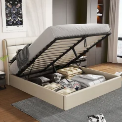 Gutent Lit adulte lit 140x200 cm lit rembourré hydraulique lit double avec sommier à lattes pu blanc crème* Lit Avec Rangement