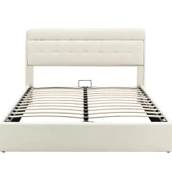 Gutent Lit adulte lit 140x200 cm lit rembourré hydraulique lit double avec sommier à lattes pu blanc crème* Lit Avec Rangement