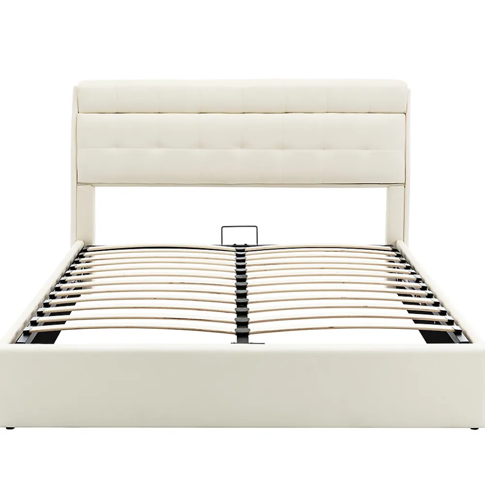 Gutent Lit adulte lit 140x200 cm lit rembourré hydraulique lit double avec sommier à lattes pu blanc crème* Lit Avec Rangement