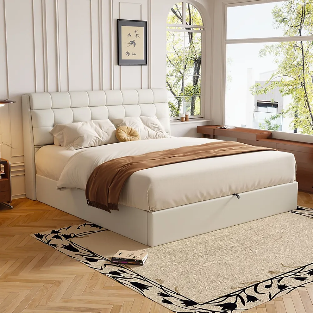 Gutent Lit adulte lit 140x200 cm lit rembourré hydraulique lit double avec sommier à lattes pu blanc crème* Lit Avec Rangement