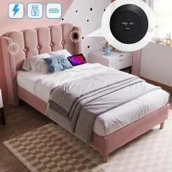 Lit adulte lit 90x200 cm lit rembourré avec fonction de charge usb type c Single velours rose>Gutent Online