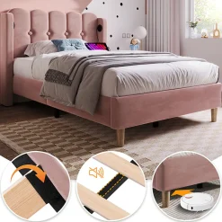 Lit adulte lit 90x200 cm lit rembourré avec fonction de charge usb type c Single velours rose><noscript><img width=