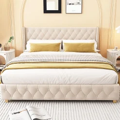 Lit adulte lit 160x200 cm lit rembourré lit rembourrage à rivets lit pieds en bois velours beige clair>Gutent Clearance