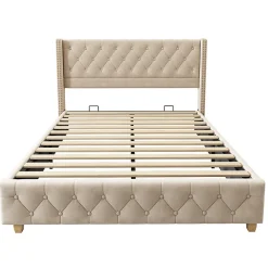 Lit adulte lit 160x200 cm lit rembourré lit rembourrage à rivets lit pieds en bois velours beige clair>Gutent Clearance