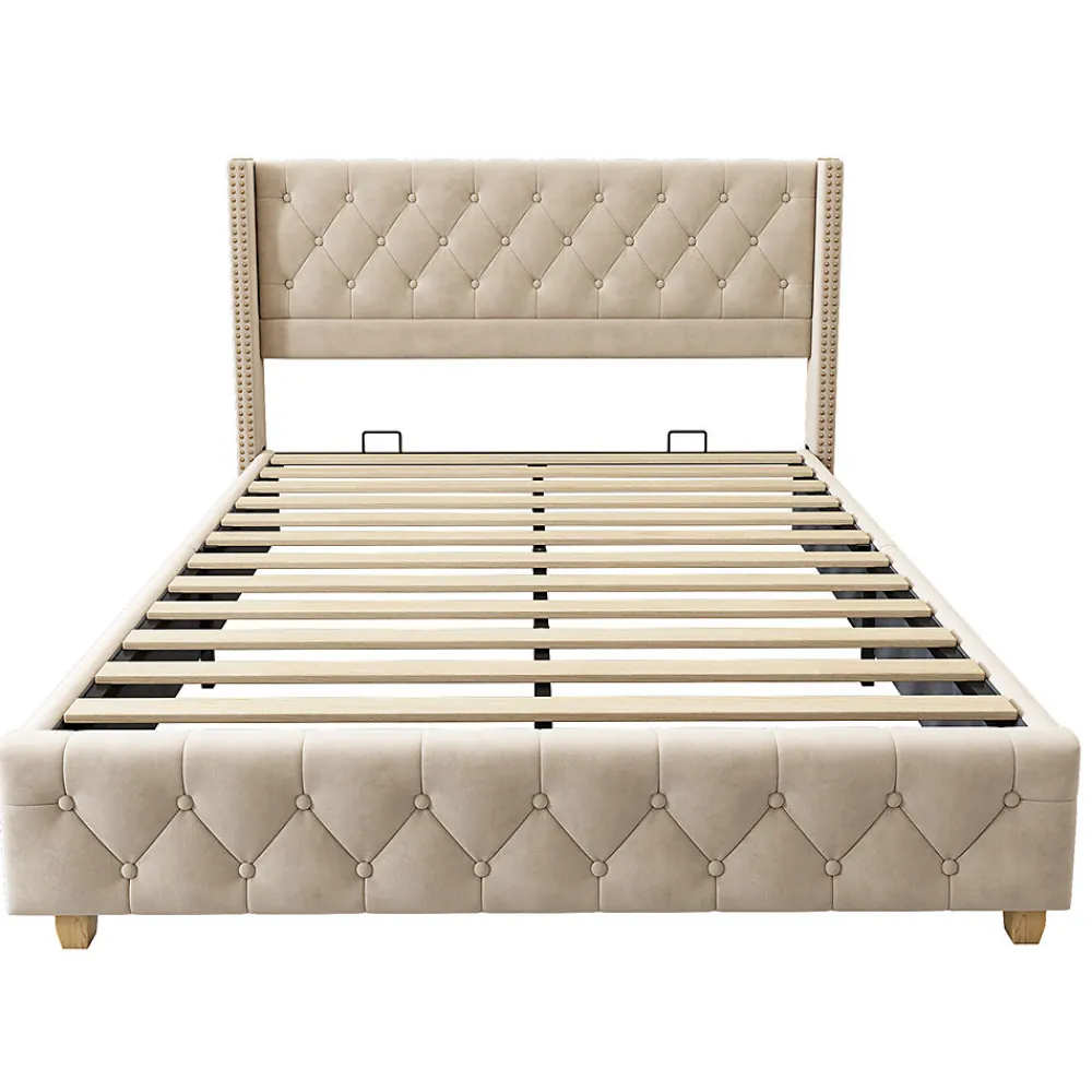 Lit adulte lit 160x200 cm lit rembourré lit rembourrage à rivets lit pieds en bois velours beige clair>Gutent Clearance