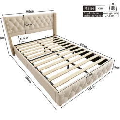 Lit adulte lit 160x200 cm lit rembourré lit rembourrage à rivets lit pieds en bois velours beige clair><noscript><img width=