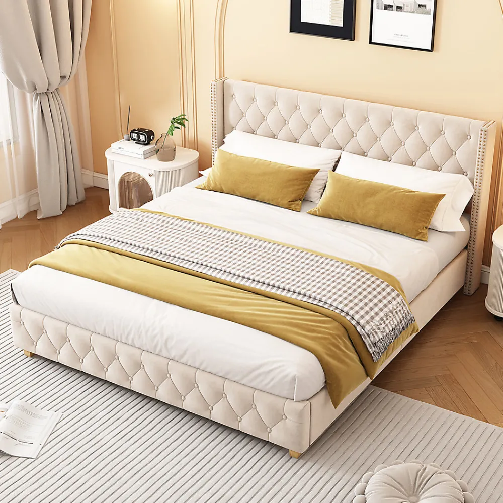 Lit adulte lit 160x200 cm lit rembourré lit rembourrage à rivets lit pieds en bois velours beige clair>Gutent Clearance