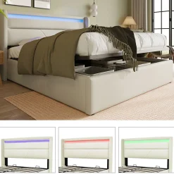 Lit adulte lit 160x200 cm lit rembourré hydraulique lit de rangement lit barre d'éclairage led lit double pu blanc>Gutent Hot