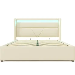 Lit adulte lit 160x200 cm lit rembourré hydraulique lit de rangement lit barre d'éclairage led lit double pu blanc>Gutent Hot