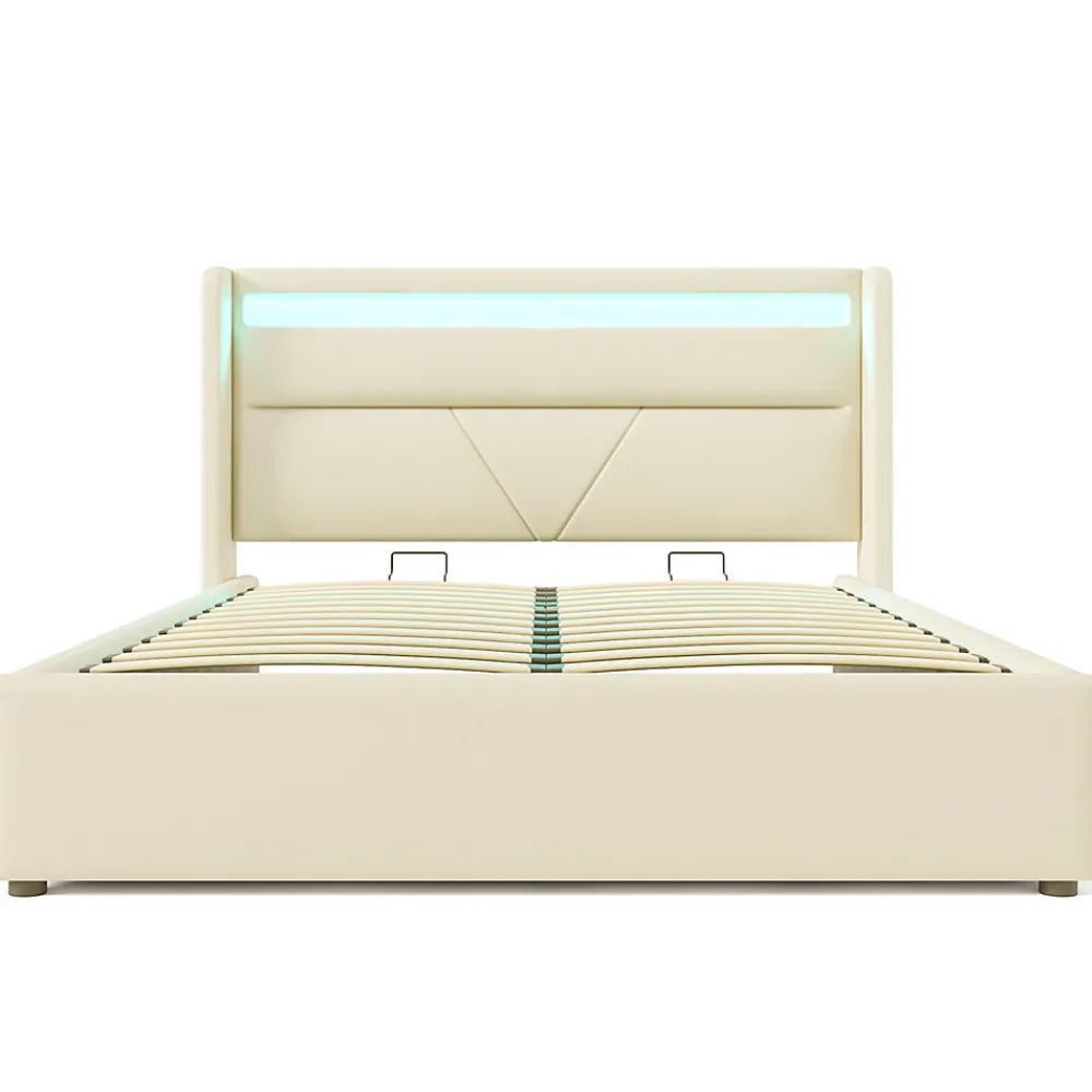 Lit adulte lit 160x200 cm lit rembourré hydraulique lit de rangement lit barre d'éclairage led lit double pu blanc>Gutent Hot