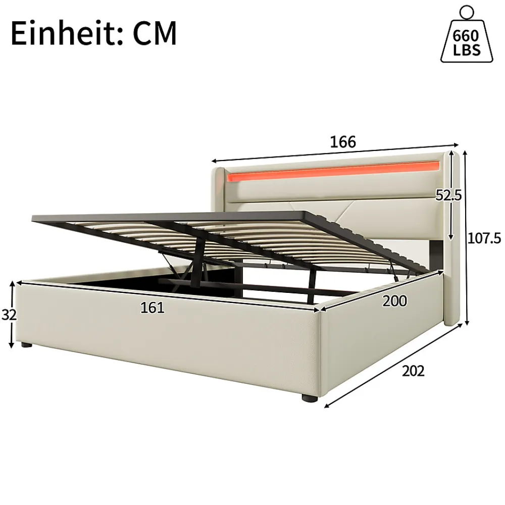 Lit adulte lit 160x200 cm lit rembourré hydraulique lit de rangement lit barre d'éclairage led lit double pu blanc>Gutent Hot