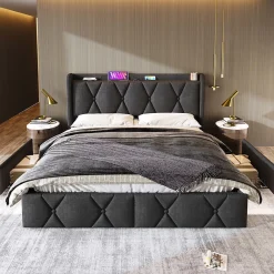 Gutent Lit adulte lit 160x200 cm lit rembourré lit de rangement avec 4 tiroirs lit double lin gris* Lit Double