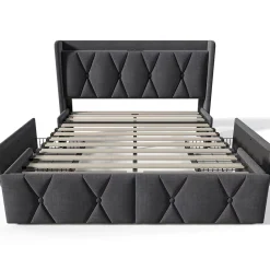 Gutent Lit adulte lit 160x200 cm lit rembourré lit de rangement avec 4 tiroirs lit double lin gris* Lit Double