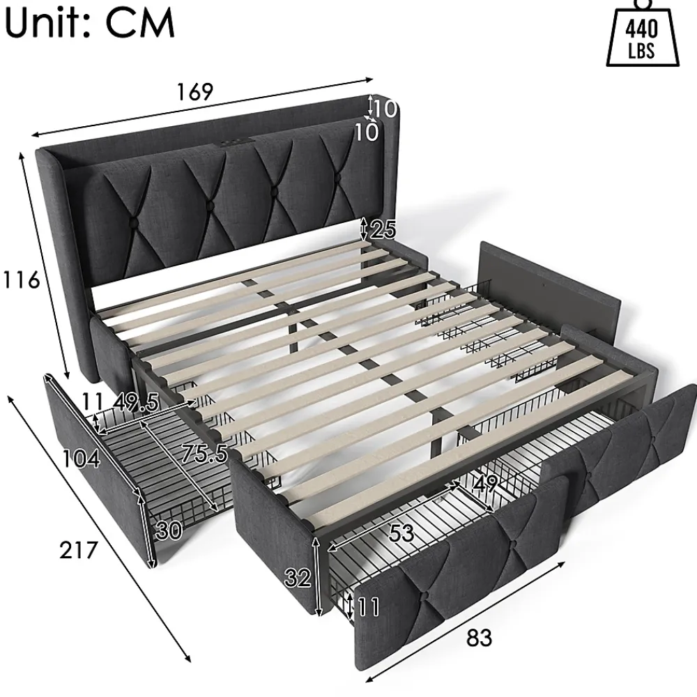 Gutent Lit adulte lit 160x200 cm lit rembourré lit de rangement avec 4 tiroirs lit double lin gris* Lit Double