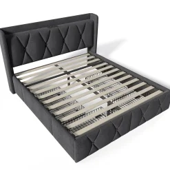 Gutent Lit adulte lit 160x200 cm lit rembourré lit de rangement avec 4 tiroirs lit double lin gris* Lit Double