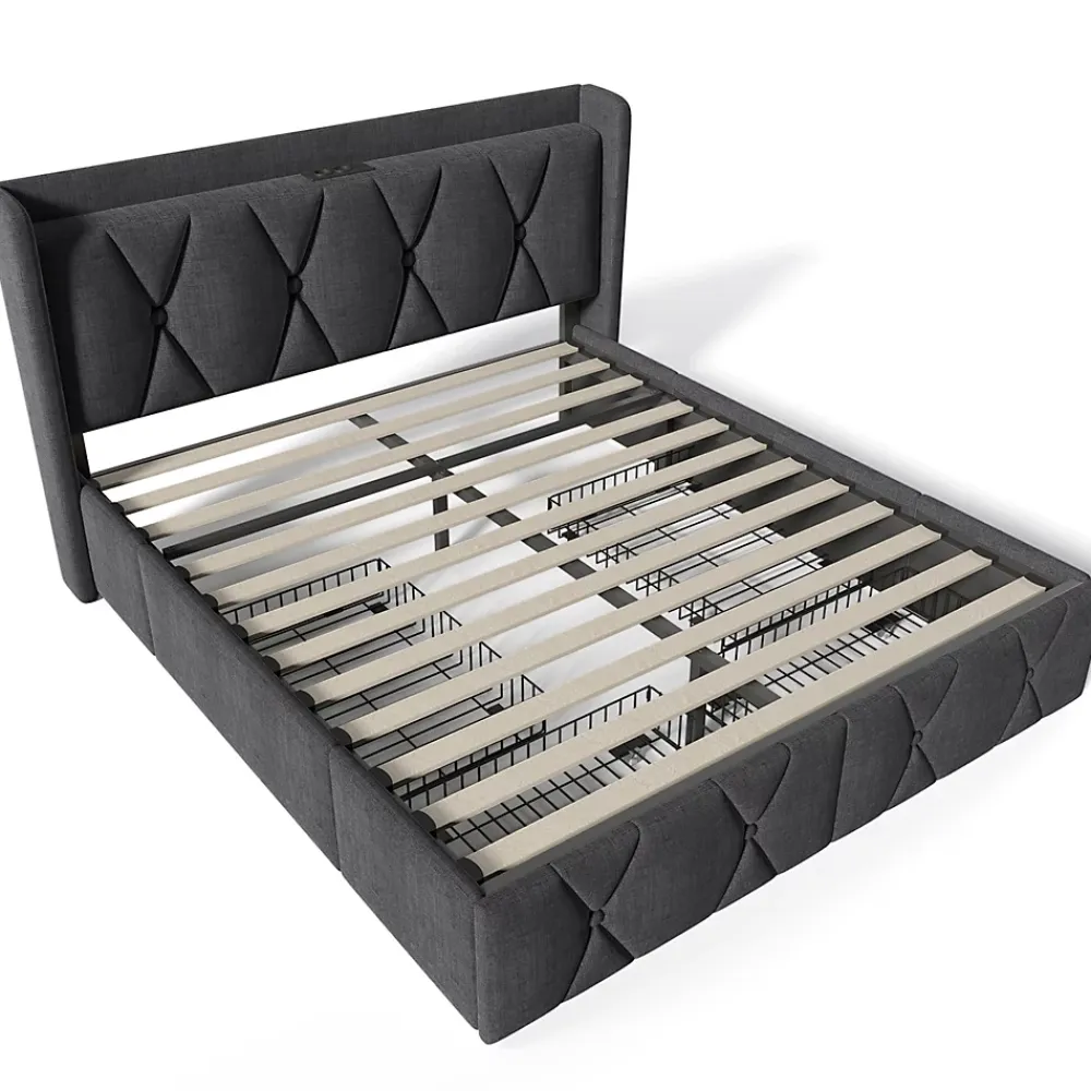 Gutent Lit adulte lit 160x200 cm lit rembourré lit de rangement avec 4 tiroirs lit double lin gris* Lit Double
