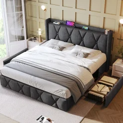 Gutent Lit adulte lit 160x200 cm lit rembourré lit de rangement avec 4 tiroirs lit double lin gris* Lit Double
