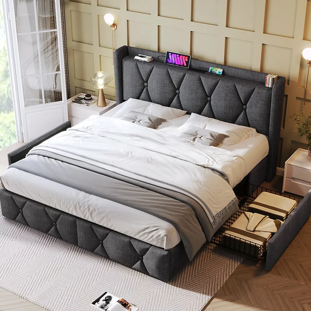 Gutent Lit adulte lit 160x200 cm lit rembourré lit de rangement avec 4 tiroirs lit double lin gris* Lit Double