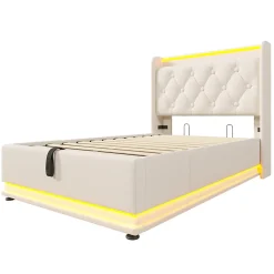 Gutent Lit adulte lit 90x200 cm lit rembourré hydraulique lit appui-tête rembourré avec fonction de recharge usb type-c Single pu blanc* Lit Simple