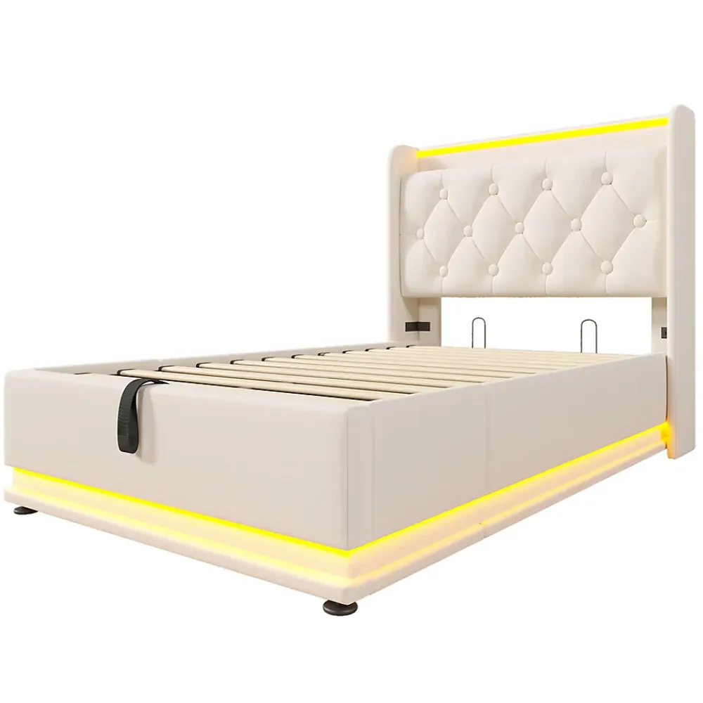 Gutent Lit adulte lit 90x200 cm lit rembourré hydraulique lit appui-tête rembourré avec fonction de recharge usb type-c Single pu blanc* Lit Simple