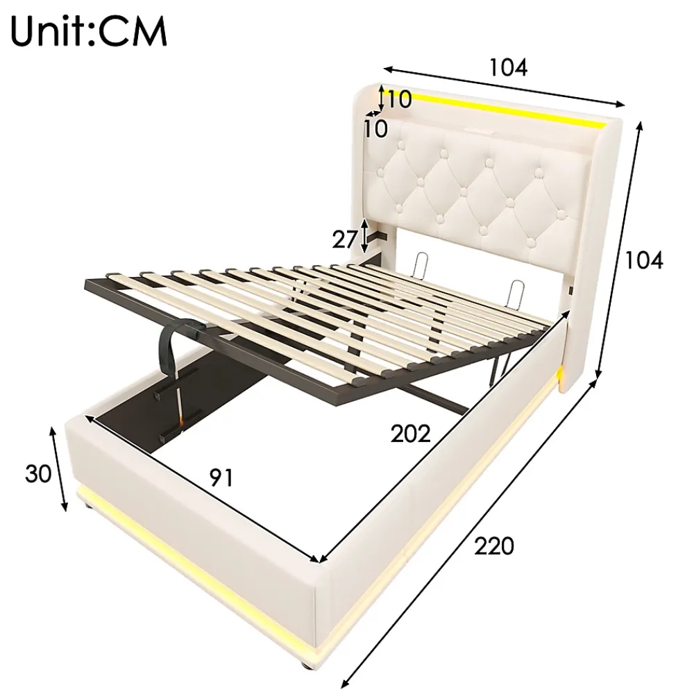 Gutent Lit adulte lit 90x200 cm lit rembourré hydraulique lit appui-tête rembourré avec fonction de recharge usb type-c Single pu blanc* Lit Simple