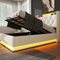 Gutent Lit adulte lit 90x200 cm lit rembourré hydraulique lit appui-tête rembourré avec fonction de recharge usb type-c Single pu blanc* Lit Simple