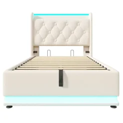 Gutent Lit adulte lit 90x200 cm lit rembourré hydraulique lit appui-tête rembourré avec fonction de recharge usb type-c Single pu blanc* Lit Simple