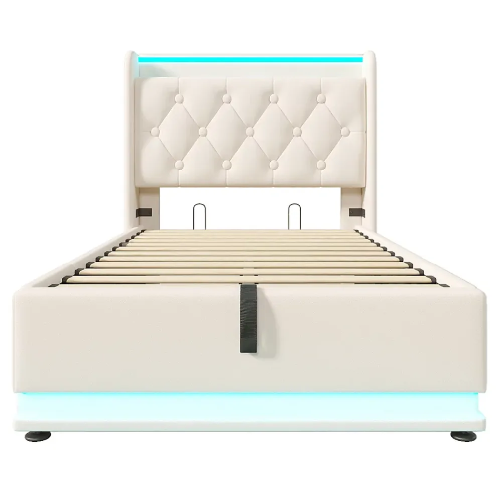Gutent Lit adulte lit 90x200 cm lit rembourré hydraulique lit appui-tête rembourré avec fonction de recharge usb type-c Single pu blanc* Lit Simple