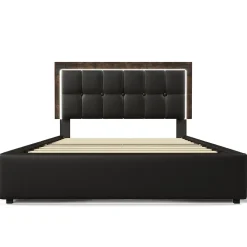 Gutent Lit adulte lit 160x200 cm lit rembourré avec bandeau lumineux led et 4 tiroirs lit double pu noir* Lit Avec Rangement