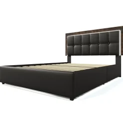 Gutent Lit adulte lit 160x200 cm lit rembourré avec bandeau lumineux led et 4 tiroirs lit double pu noir* Lit Avec Rangement