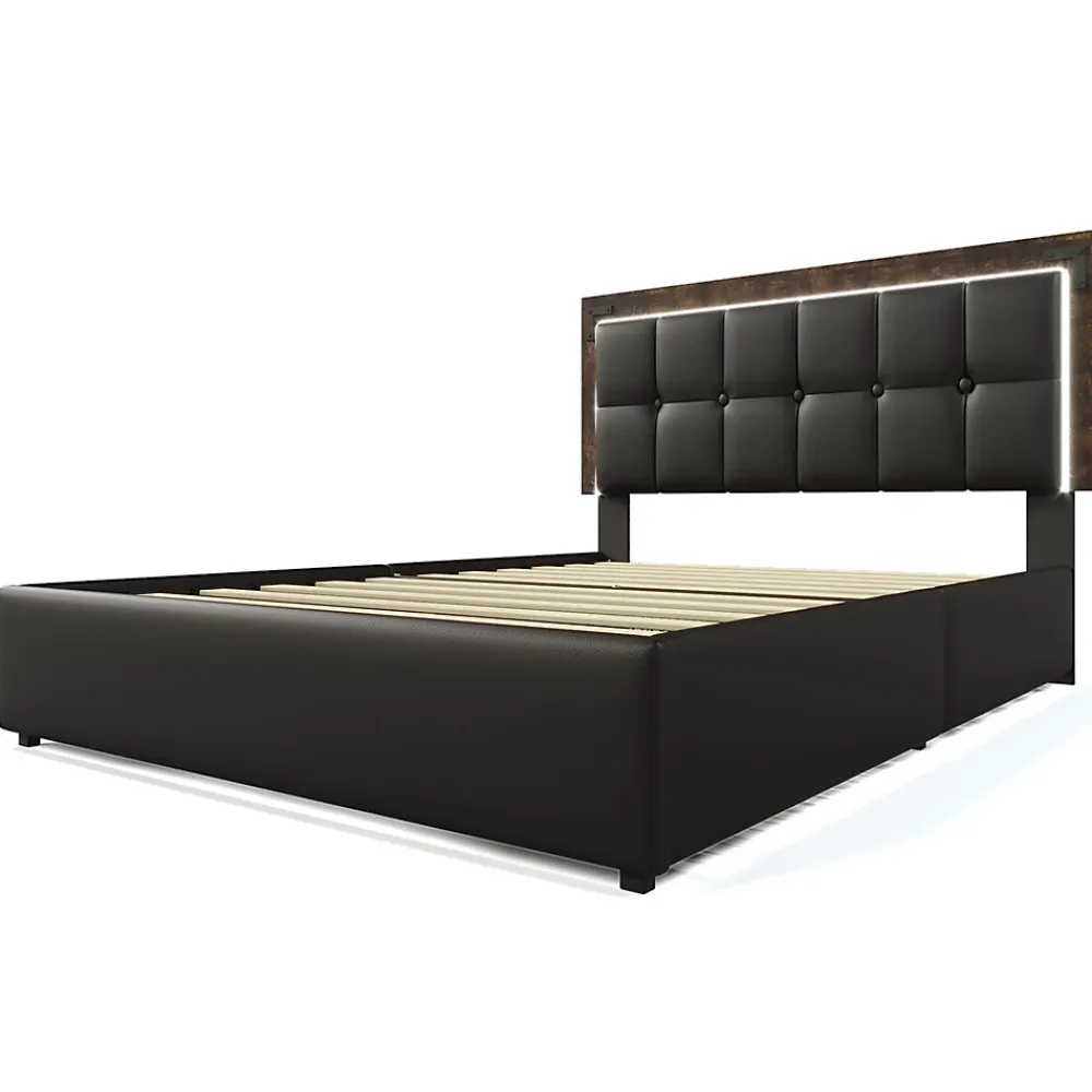 Gutent Lit adulte lit 160x200 cm lit rembourré avec bandeau lumineux led et 4 tiroirs lit double pu noir* Lit Avec Rangement