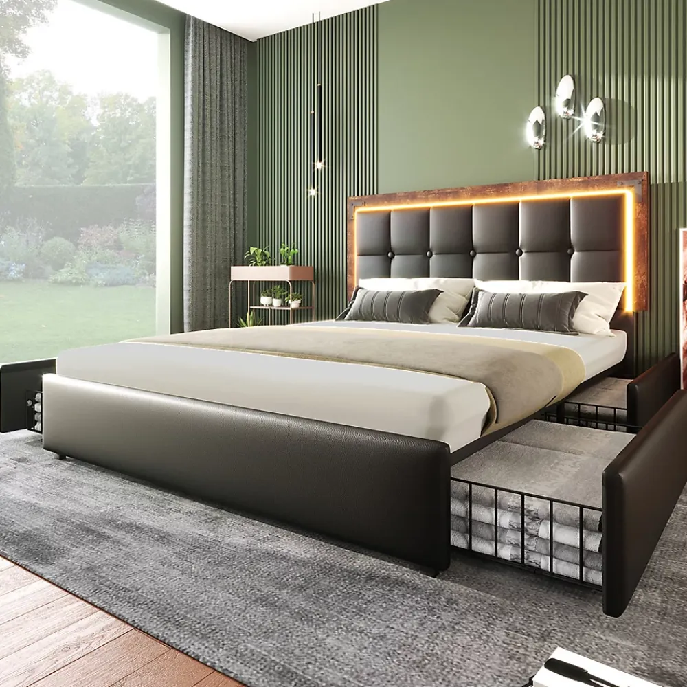 Gutent Lit adulte lit 160x200 cm lit rembourré avec bandeau lumineux led et 4 tiroirs lit double pu noir* Lit Avec Rangement