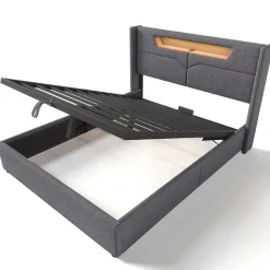 Gutent Lit adulte lit 160x200 cm lit rembourré lit de rangement lit sommier à lattes en bois lit double lin gris* Lit Avec Rangement