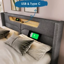 Gutent Lit adulte lit 160x200 cm lit rembourré lit de rangement lit sommier à lattes en bois lit double lin gris* Lit Avec Rangement