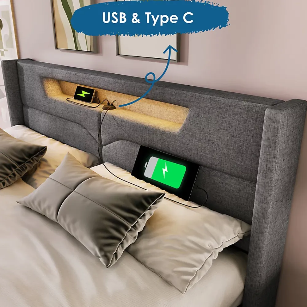 Gutent Lit adulte lit 160x200 cm lit rembourré lit de rangement lit sommier à lattes en bois lit double lin gris* Lit Avec Rangement