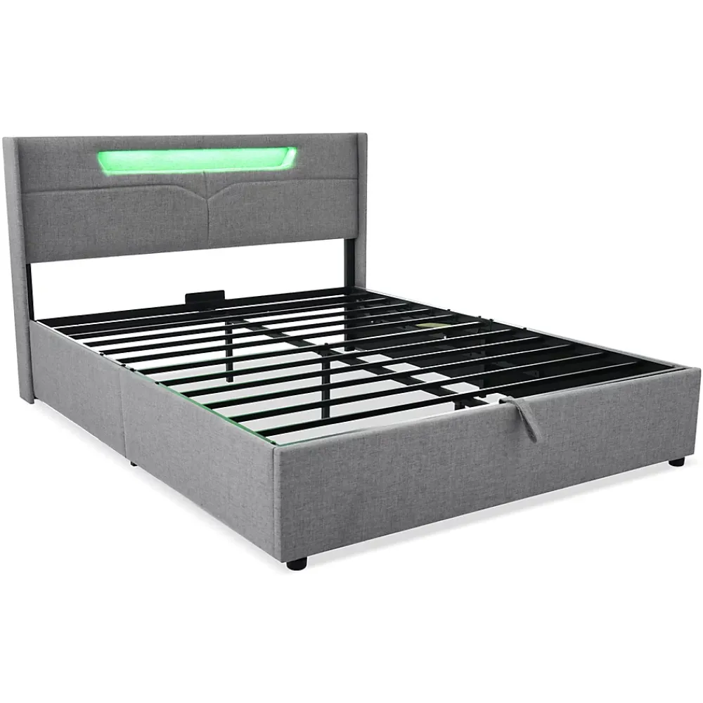 Gutent Lit adulte lit 160x200 cm lit rembourré lit de rangement lit sommier à lattes en bois lit double lin gris* Lit Avec Rangement