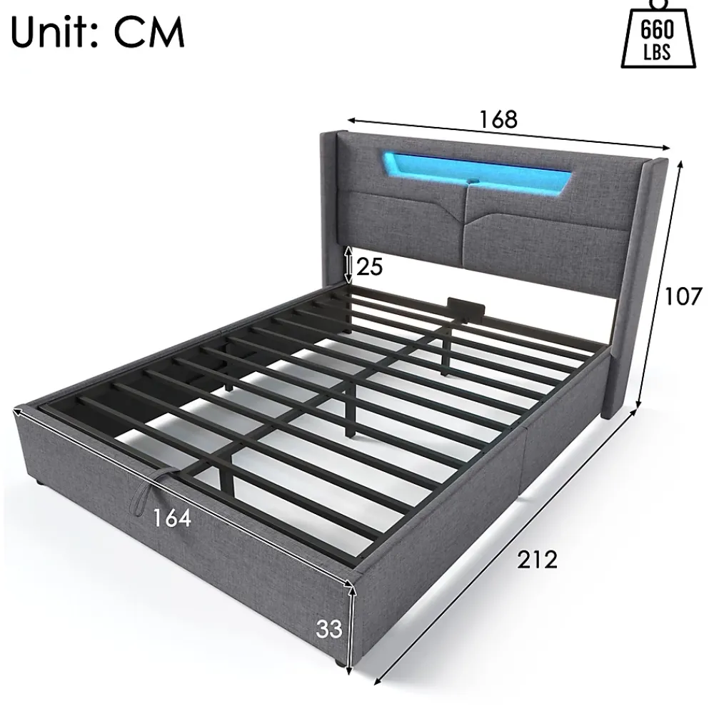 Gutent Lit adulte lit 160x200 cm lit rembourré lit de rangement lit sommier à lattes en bois lit double lin gris* Lit Avec Rangement