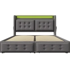Lit adulte lit 140x200 cm lit rembourré lit 4 tiroirs lit de rangement avec sommier à lattes en bois lit double coton lin gris>Gutent Clearance