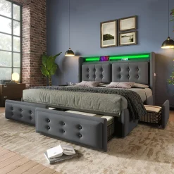 Lit adulte lit 140x200 cm lit rembourré lit 4 tiroirs lit de rangement avec sommier à lattes en bois lit double coton lin gris><noscript><img width=